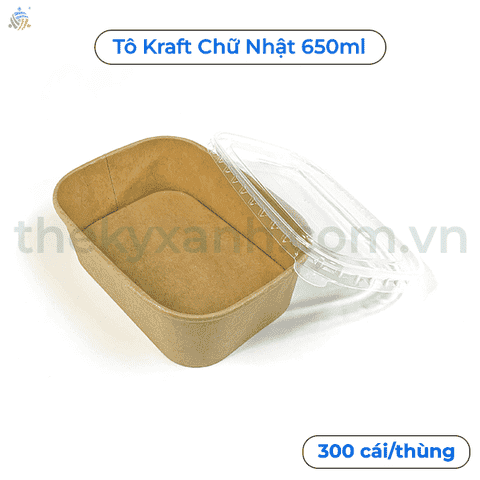 Tô giấy Kraft Chữ Nhật Nâu 650ml Kèm Nắp PP đựng thức ăn, salad, bánh bông lan