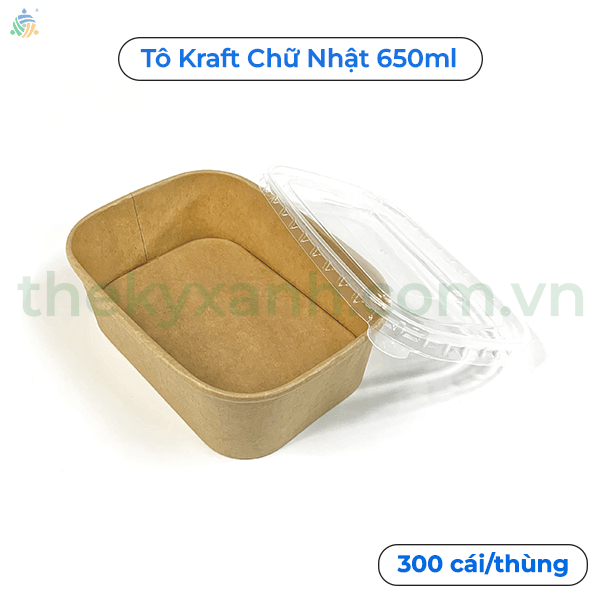  Tô giấy Kraft Chữ Nhật Nâu 650ml Kèm Nắp PP đựng thức ăn, salad, bánh bông lan 