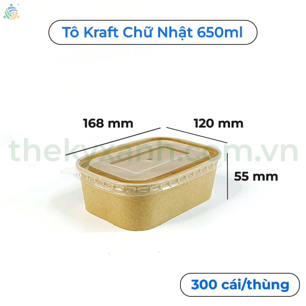  Tô giấy Kraft Chữ Nhật Nâu 650ml Kèm Nắp PP đựng thức ăn, salad, bánh bông lan 