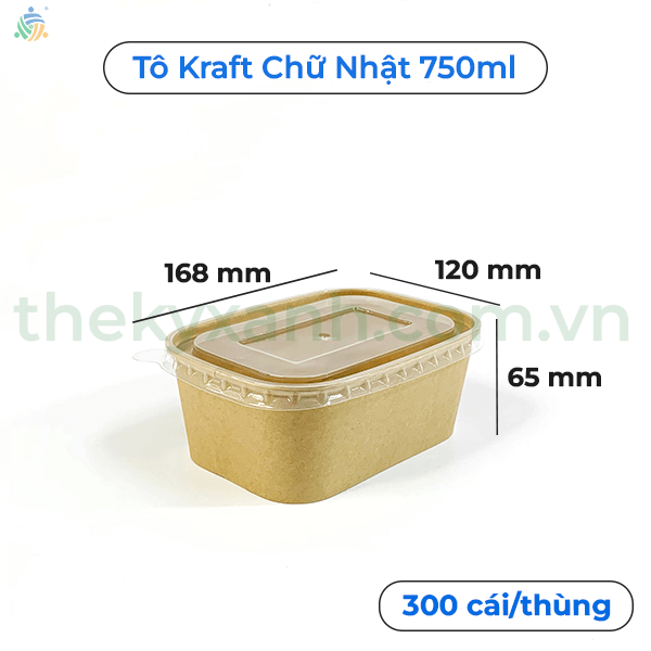  Tô giấy Kraft Chữ Nhật Nâu 750ml Kèm Nắp PP đựng thức ăn, salad, bánh bông lan 