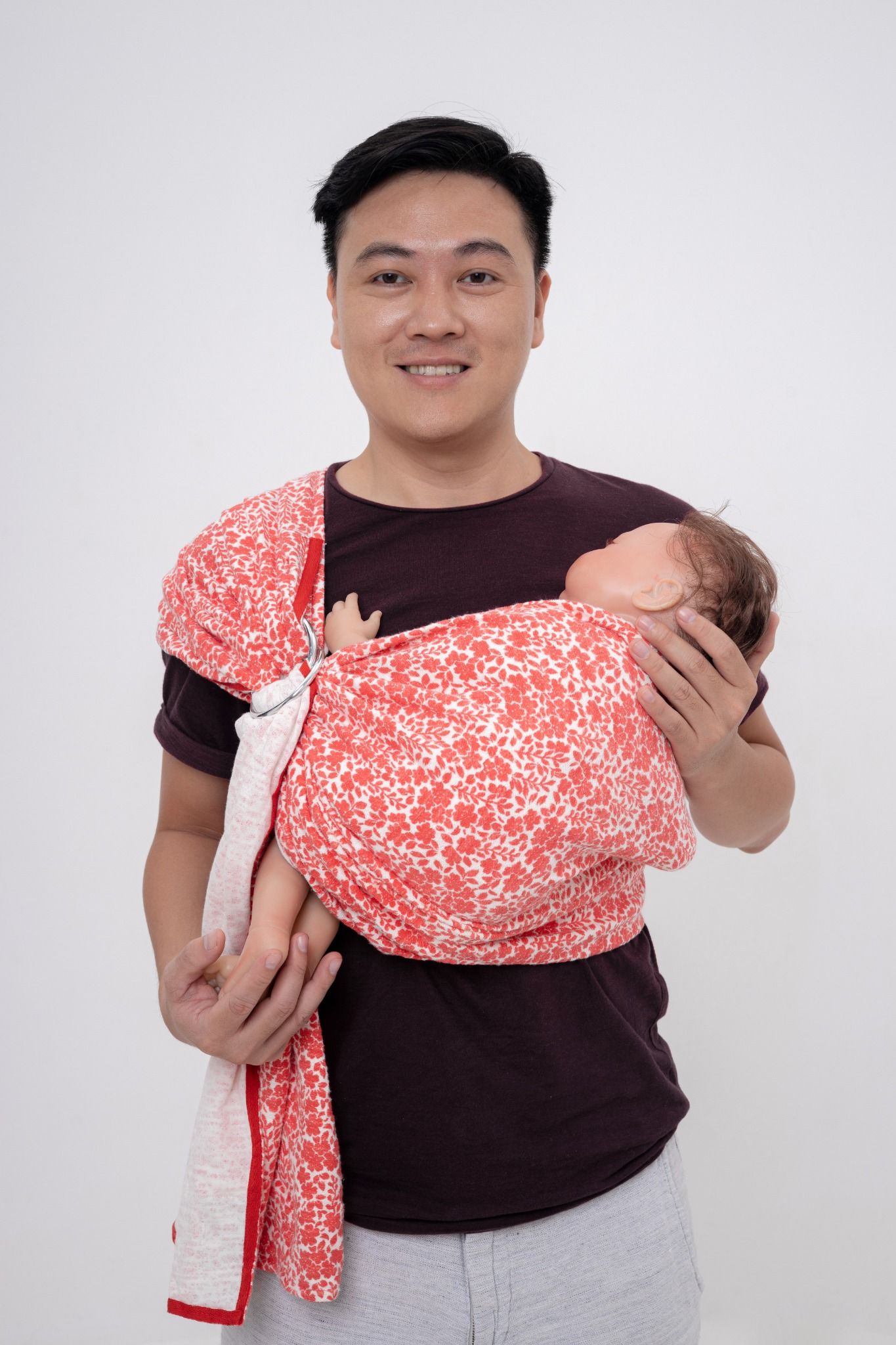  BUBI Ring Sling Gen 1 - Da cá cotton - Hoa đỏ 