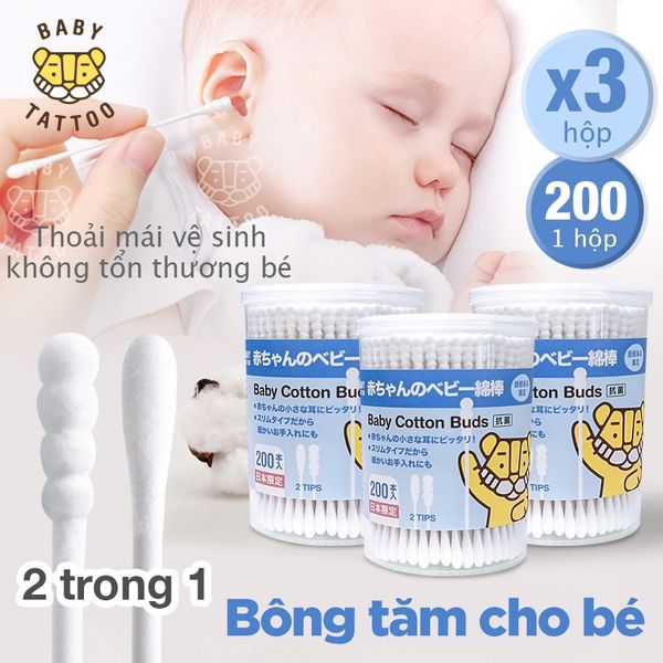  E.M Combo 3 Hộp Tăm Bông BABY TATTOO Đầu Bông Mini 