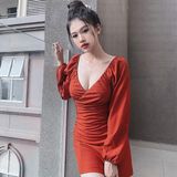  Đầm body cổ tim xẻ sâu tay dài - YD189290 