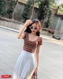  Áo Croptop Cổ Tim Sọc Nâu 