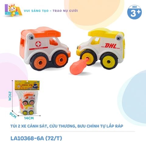  Set đồ chơi Túi 2 xe cảnh sát, cứu thương, bưu chính tự lắp ráp LA10368-6A 