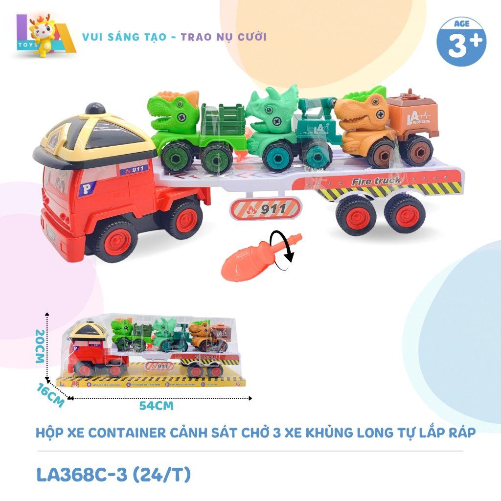  Set đồ chơi Hộp xe container cứu hộ chở 3 xe khủng long tự lắp ráp LA368C-3 