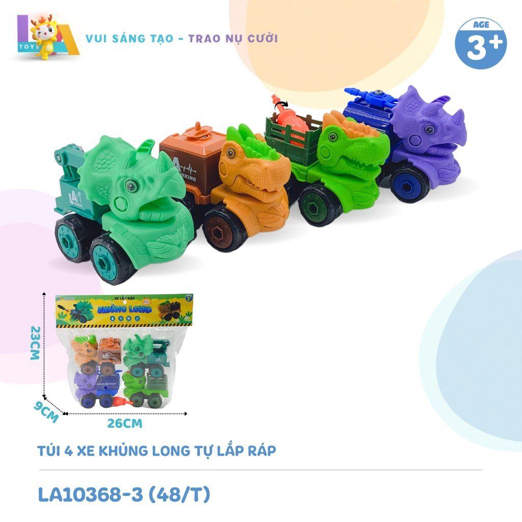  Set đồ chơi túi 4 xe khủng long tự lắp ráp LA10368-3 