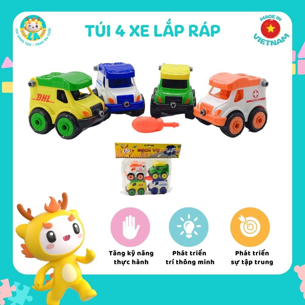  LAToys - Túi 4 xe công trình tự lắp ráp - Đồ chơi nhựa nguyên sinh an toàn cho bé 
