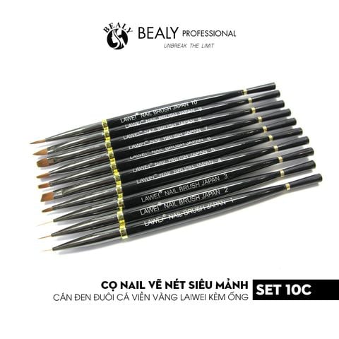  SET CỌ NAIL 10C VẼ NÉT SIÊU MẢNH CÁN ĐEN ĐUÔI CÁ VIỀN VÀNG LAWEI KÈM ỐNG 