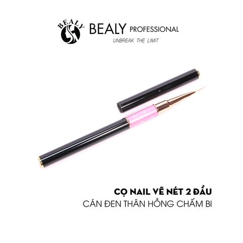  CỌ NAIL VẼ NÉT 2 ĐẦU - CÁN ĐEN THÂN HỒNG CHẤM BI 