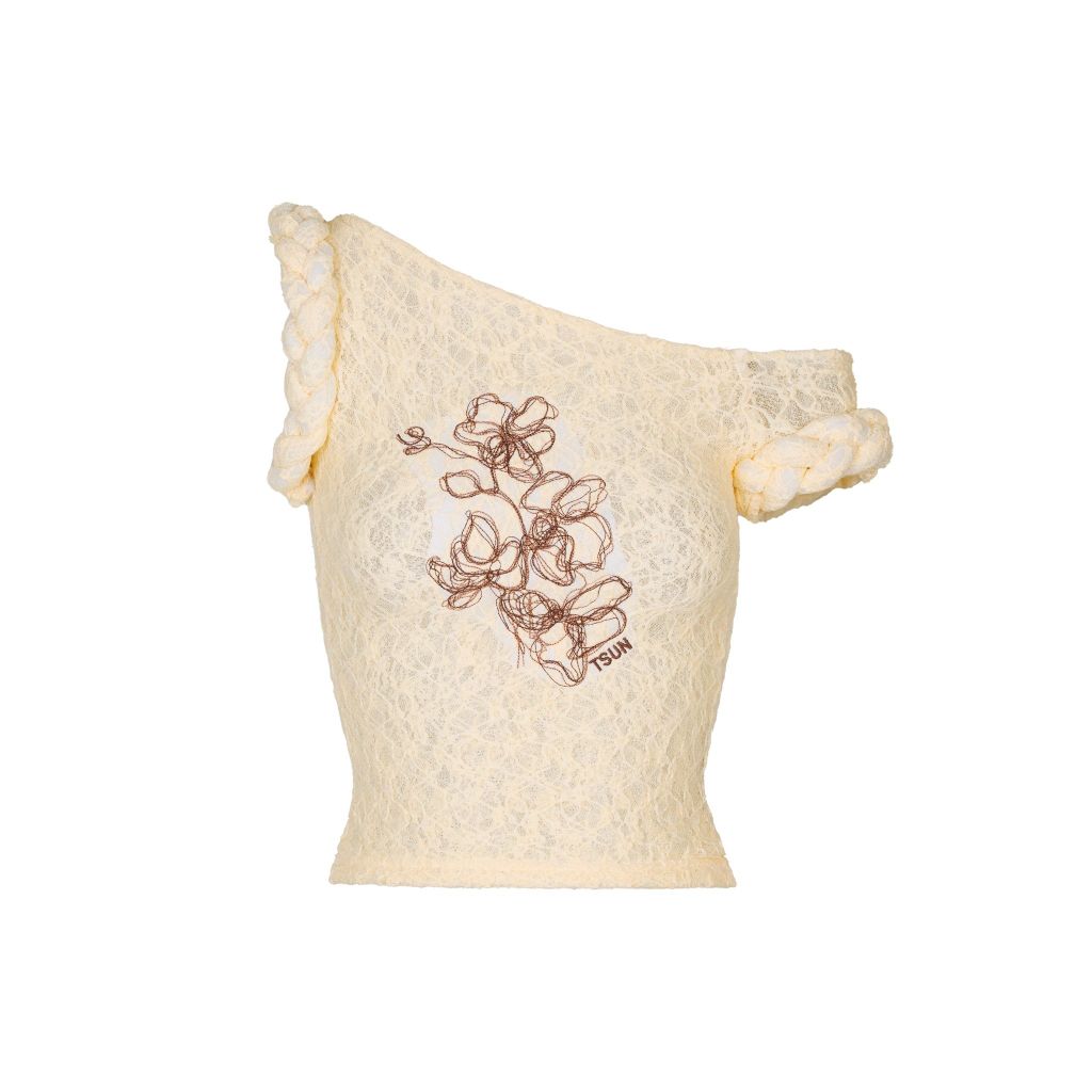  TSUN Áo Ren Lệch Vai Thêu Hoạ Tiết Hoa Lan - Orchid Lace One-Shoulder Top Beige 