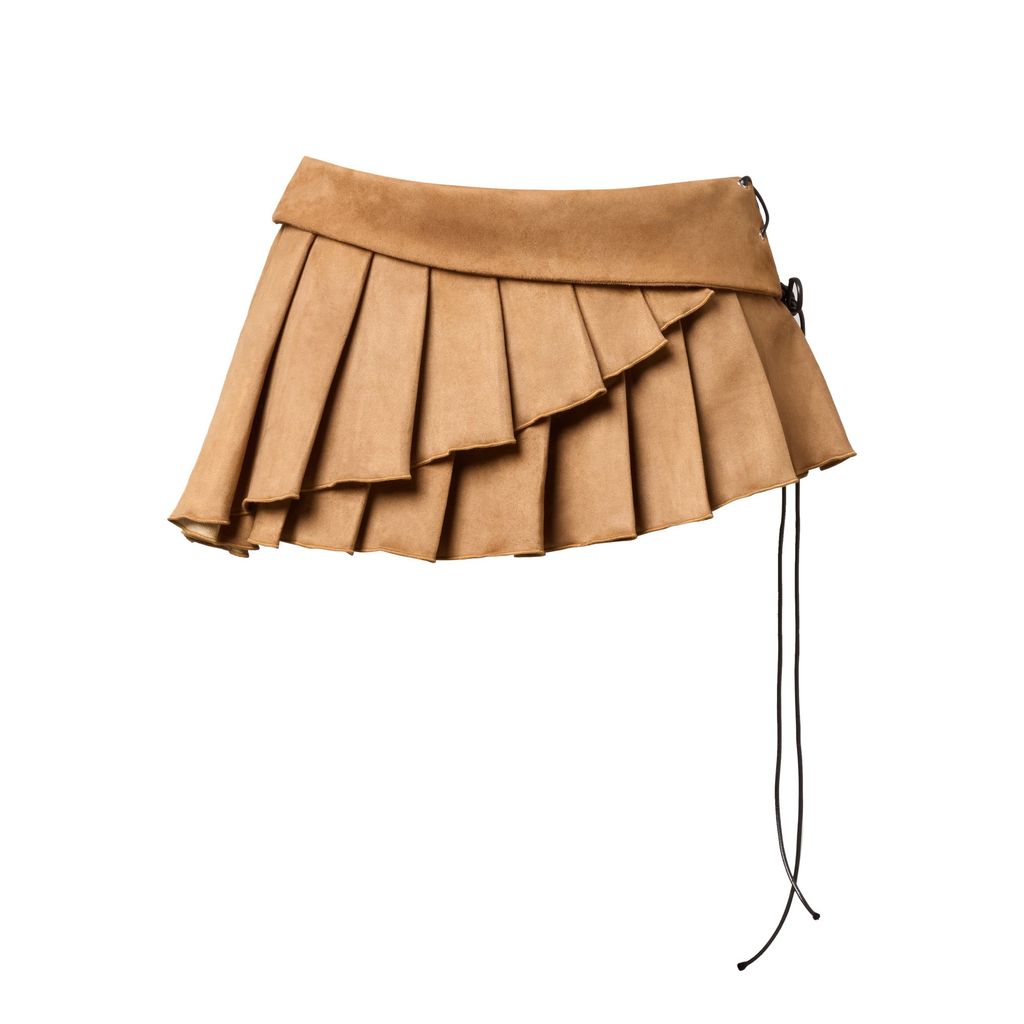  TSUN Váy Ngắn Xếp Ly Vải Da Lộn Màu Nâu - Pleated Leather Mini Skirt - Brown 