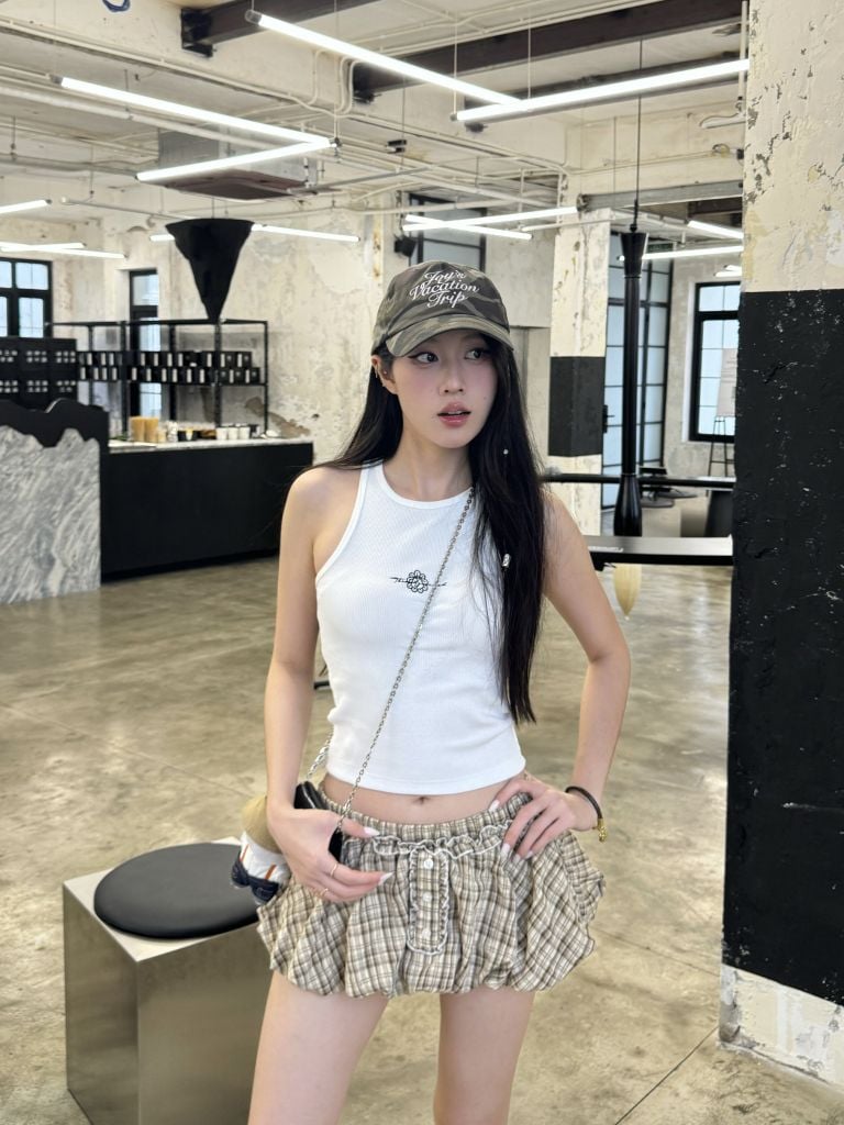  TSUN Váy Ngắn Caro Bí Màu Nâu Vàng Dáng Phồng - Puffball Mini Skirt - Caro 