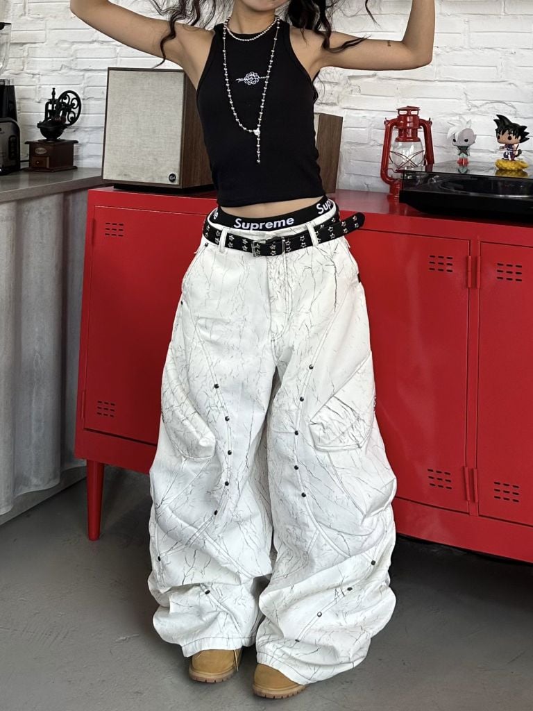  TSUN Thunder Cargo Wide-Leg Pants White - Quần Dài Túi Hộp Ống Rộng Phối Đinh Tán Trắng 