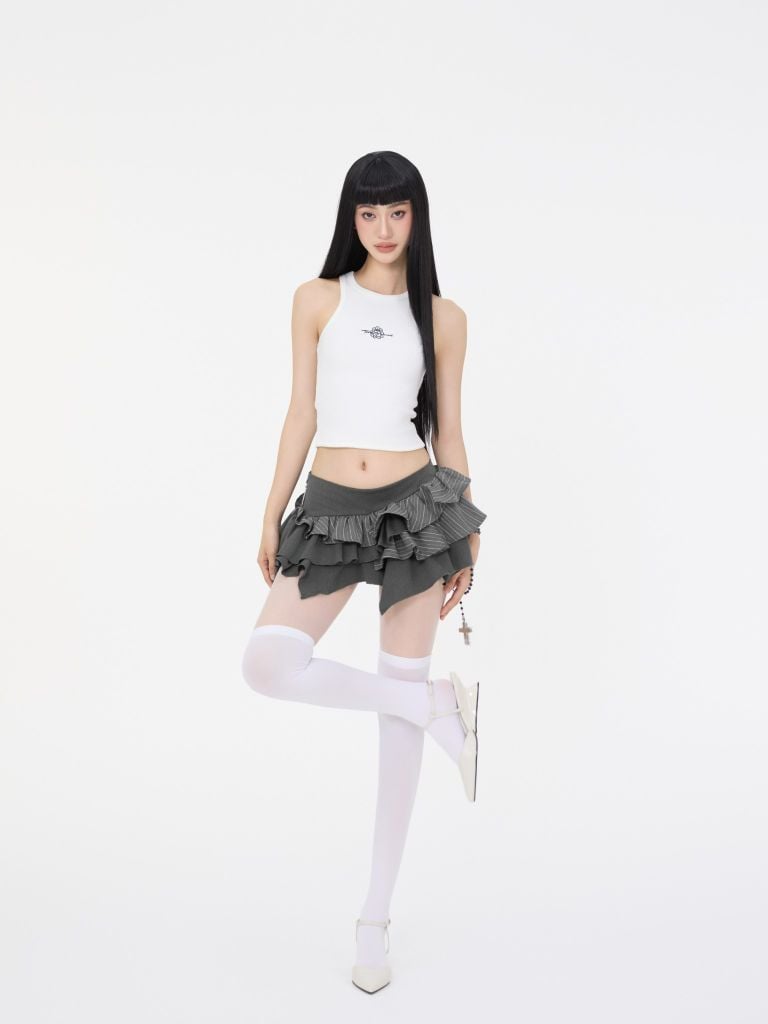  TSUN Ruffle Asymmetrical Mini Skirt Grey - Váy Ngắn Nữ Dáng Phồng Xếp Ly 4 Tầng Xám 