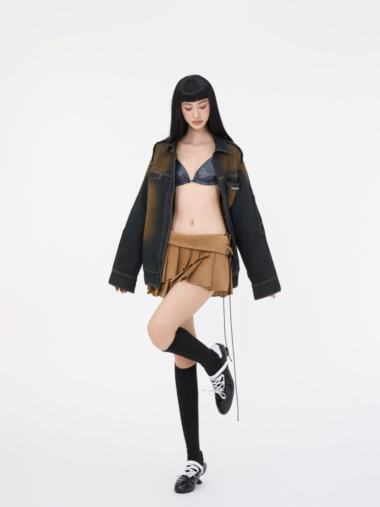  TSUN Váy Ngắn Xếp Ly Vải Da Lộn Màu Nâu - Pleated Leather Mini Skirt - Brown 