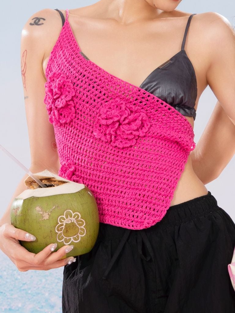  TSUN Áo Yếm Móc Len Đi Biển - Hồng - Freebloom Crochet Top 