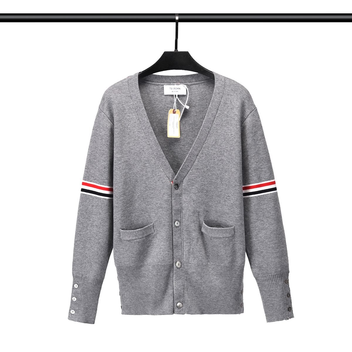  Áo khoác Cardigan nam nữ dệt kim Thom Browne 8835 chất vải len da thiết kế tay áo kẻ vạch cổ áo tim cực sang trọng 