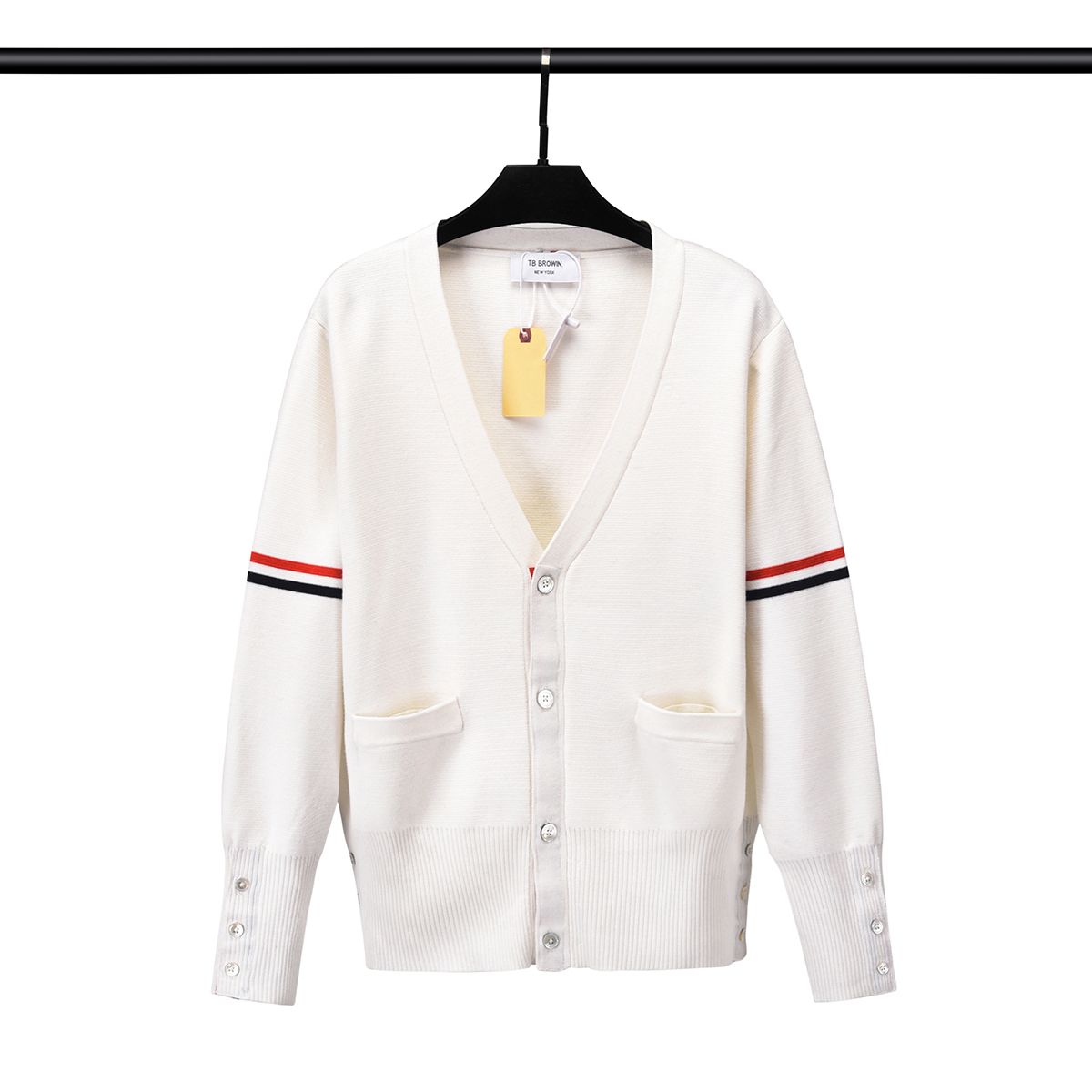  Áo khoác Cardigan nam nữ dệt kim Thom Browne 8835 chất vải len da thiết kế tay áo kẻ vạch cổ áo tim cực sang trọng 