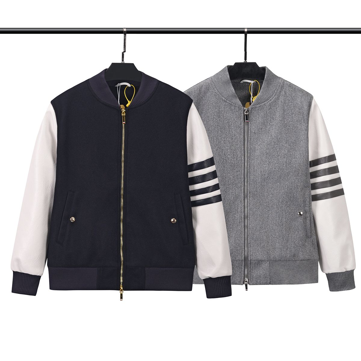  Áo khoác nam len lông cừu Thom Browne 4-Bar Varsity zip up 809 hàng thiết kế tay áo kẻ sọc cực sang trọng 