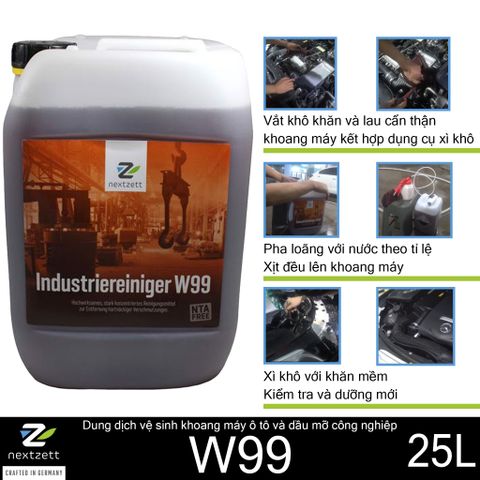 Dung dịch vệ sinh khoang máy ô tô và dầu mỡ công nghiệp W99 hãng nextzett can 25L, mã 90142015