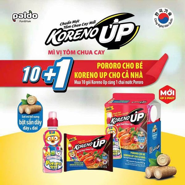 Mì Koreno Up Mix Vị Tôm Chua Cay 1 lốc 10 gói (682g)+tặng 1 chai potoro vị dâu (thùng 4 lốc)