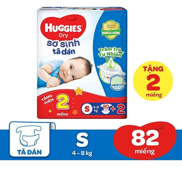 Tã dán sơ sinh Huggies Dry cỡ S 80M + 2M Tã dán S