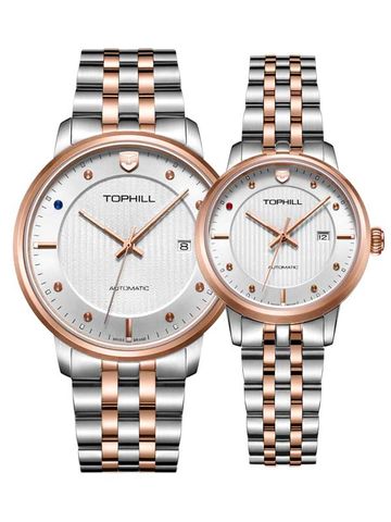 TOPHILL TA032G.S7238 + TA032L.S7238 Nam+Nữ, dây và vỏ Thép 316L, máy Automatic, kính Sapphire, chịu nước 5ATM