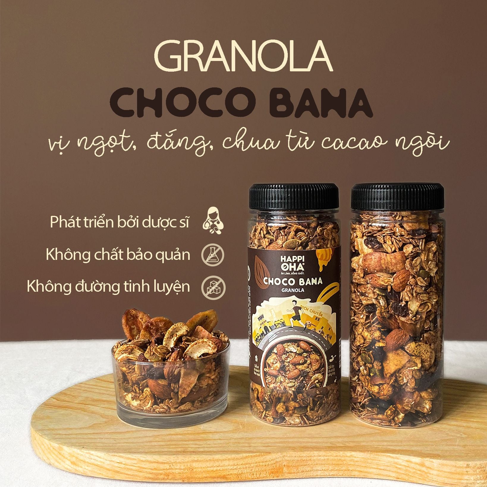 Granola Choco Bana HAPPI OHA - Ngũ Cốc Ăn Sáng/ Ngũ Cốc Ăn Kiêng Không Đường Tinh Luyện Vị Cacao