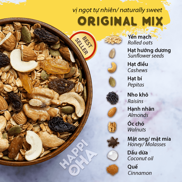 Granola Original Mix HAPPI OHA - Ngũ Cốc Ăn Sáng/Ngũ Cốc Ăn Kiêng Không Đường Tinh Luyện