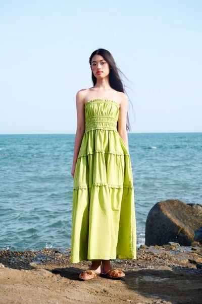  Đầm ống maxi nhún eo - Xanh lá - D0597 
