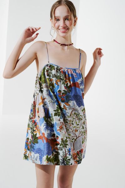  Đầm mini vải thô in hình - Xanh biển - D0620 