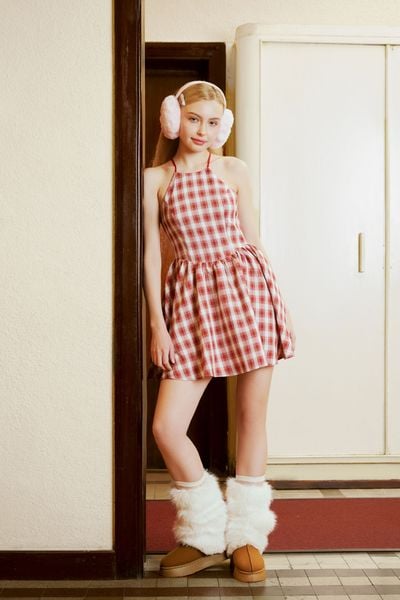  Đầm xoè cổ yếm - Caro đỏ - D0643 