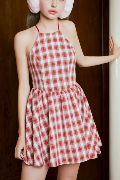  Đầm xoè cổ yếm - Caro đỏ - D0643 