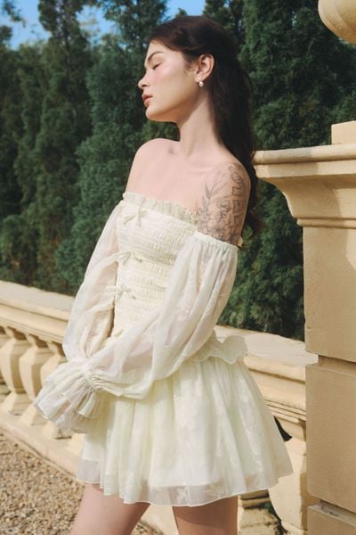  Đầm ngắn tay phồng smocking - Vàng - D0681 