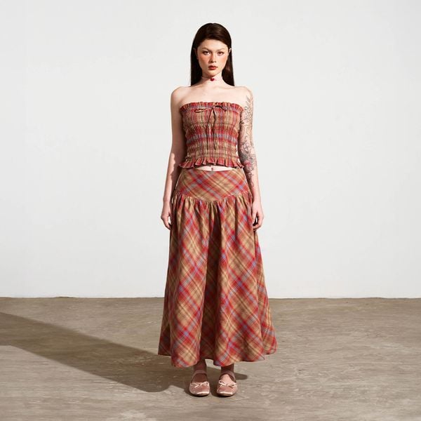  Chân váy midi kẻ ô - Đỏ - S0195 