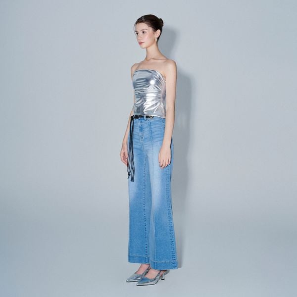  Quần Denim ống loe cạp cao chiết ly - Xanh nhạt - Q0337 