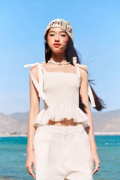  Áo 2 dây chạy smocking phối ren - Trắng - T0882 