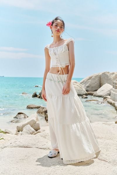 Chân váy maxi phối ren - Trắng - S0208 