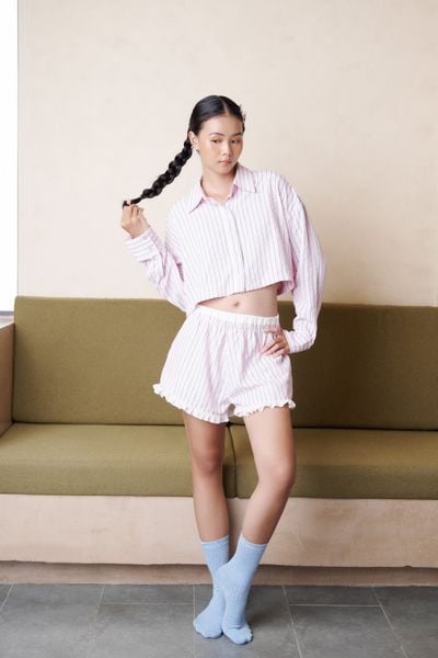  Quần sọc hồng phối bèo - Hồng  - Q0345 