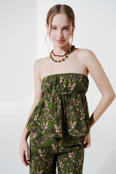  Áo ống vải thô in hình - Xanh lá - T0943 