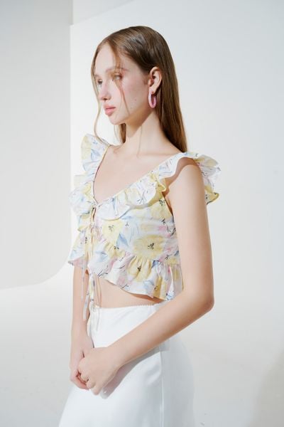  Áo kiểu in hoa tay cánh tiên - Trắng - T0945 