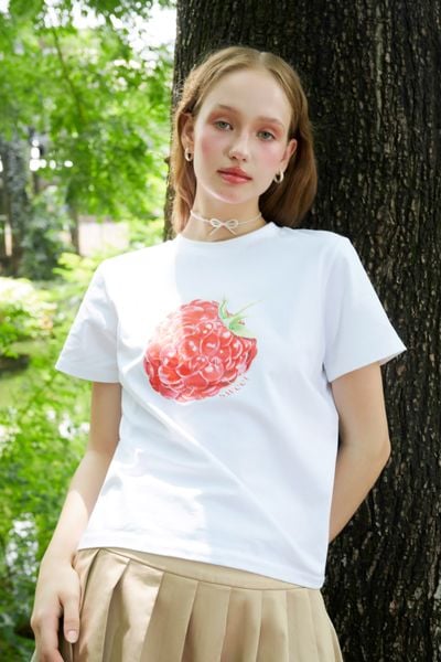  Áo thun in quả mâm xôi - Trắng - T0950 