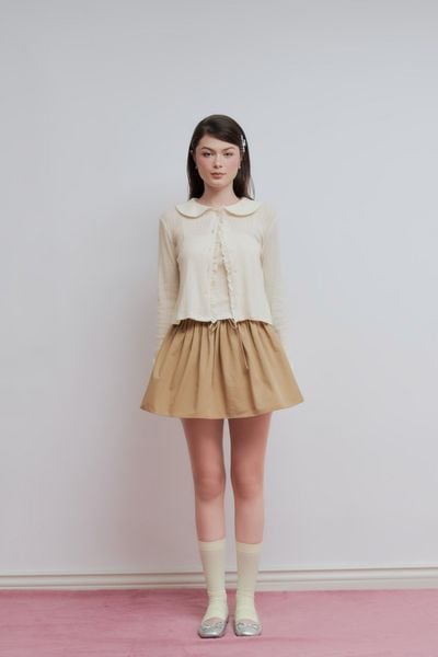  Chân váy ngắn phối vải rút nhún - Nâu - S0264 