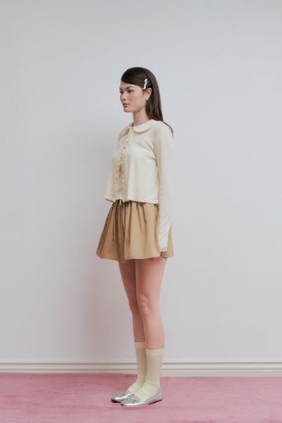  Chân váy ngắn phối vải rút nhún - Nâu - S0264 