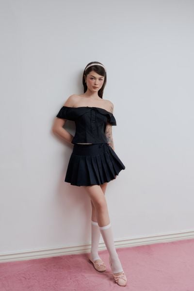  Chân váy ngắn phối vải xếp ly - Đen - S0265 