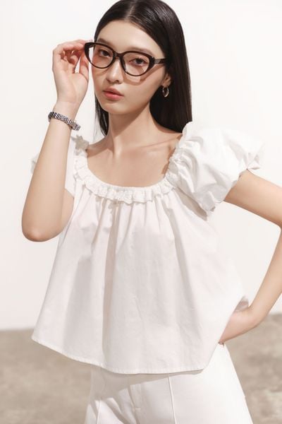  [ PRE-ORDER ] Áo tay phồng phối đăng ten - Trắng - T1070 