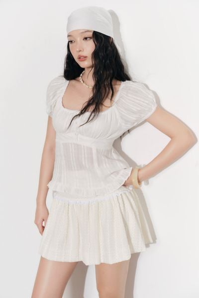  Chân váy bí phối đăng ten - Trắng kem - S0262 