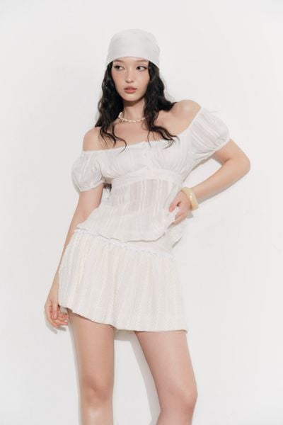  Chân váy bí phối đăng ten - Trắng kem - S0262 