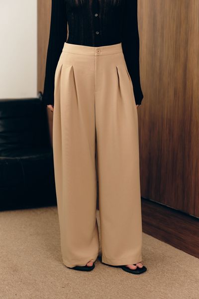  Quần dài chiết ly ống rộng - Nâu - Q0390 